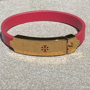 Tory Burch Pink Leather Bracelet with Gold Logo